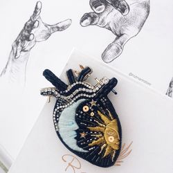 Brooch anatomical Heart Embroidered handmade Beaded, human heart pin