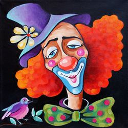 Clown Painting Kids Room Original Art Circus Wall Art  Bird Artwork Oil Canvas 16 by 16 in
