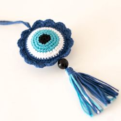 Crochet evil eye car accessory in boho style for woman, jeep rear view mirror charm, amulet car pendant, car ornament