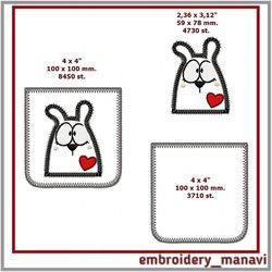 ITH embroidery design Pocket with applique of a in love rabbit.