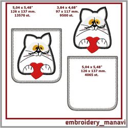 ITH embroidery design Pocket with applique of a in love cat