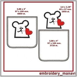 ITH embroidery design Pocket with applique of a in love mouse.