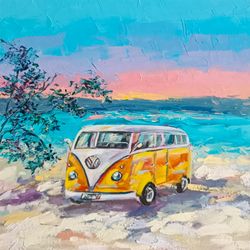 Volkswagen Painting Retro Car Original Art Seascape Impasto Painting Beach Wall Art