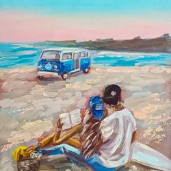 Volkswagen Painting Couple Original Art Seascape Impasto Painting Beach Wall Art Retro Car Artwork