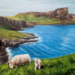 Scotland Painting Neist Point Original Art Sheep Painting Scotland Highlands Art Scottish Landscape Small Oil Painting