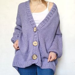 Chunky knit Purple cardigan Oversized veri peri Bomber with buttons Hand knit coat is trendy clothes Wool knit sweater