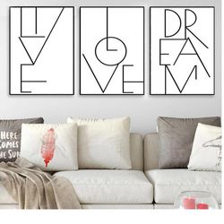 live love dream prints set 3 motivational quotes wall art poster minimalist art modern printable art black and white