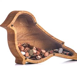 Wooden piggy bank BIRD - Personalise money box - Montessori wood eco gift for boy girl - Unique tip jar - Christmas gift
