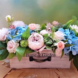 Silk flower centerpiece, Roses peonies and hydrangea arrangement, Summer floral table décor, Faux flower arrangement