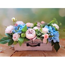 Silk flower centerpiece, Roses peonies and hydrangea arrangement, Summer floral table décor, Faux flower arrangement