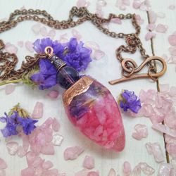 Rose quartz and flowers pendulum necklace Crystal pendulum for dowsing & divination
