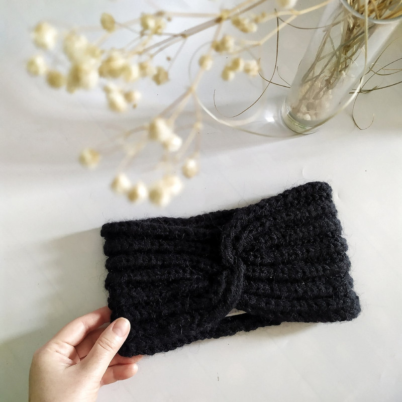 Handknit alpaca wool warm black color women headband