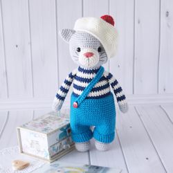 Grey Cat Doll with clothes, Pet Stuffed Animal Toy, Crochet animal toys for Toddlers, Gift for baby boy, Cat soft toy