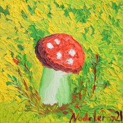 Floral Hand Made Art Forest Fly Agaric Amanita Original Oil Painting Canvas Panel Artwork 6x6 by NadyaLerm