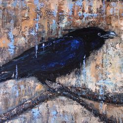 Crow Painting Oil Black Bird Original Art Animal Artwork Raven Canvas Art