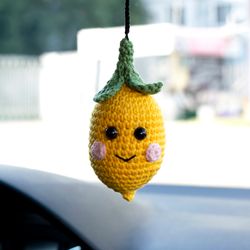Crochet lemon car hanging, car accessories for women, rear view mirror charm, cute car pendant, jeep hanger, car decor