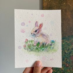 Bunny Watercolor Painting, Original Small Artwork, Rabbit Painting, Cottagecore Art, Bunny Wall Decor