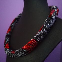 Red Snake Beaded Crochet Necklace , Ouroboros jewelry