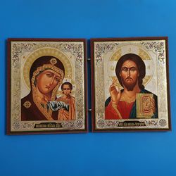 Orthodox foldable wooden icon diptych Jesus Christ and The Most Holy Mother of God