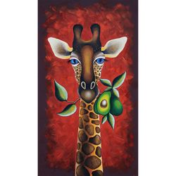 Giraffe Painting Animal Original Art African Wall Art Exotic Artwork Oil Canvas 27 by 15 inches