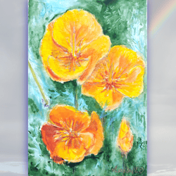California poppy painting original watercolor art orange flower artwork floral Painting 5 by 7