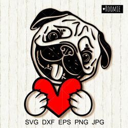 Pug with heart svg for Cricut, Valentine Pug Shirt design Love pugs, Dog face Cut file Vinyl Laser Sublimation Dog#74
