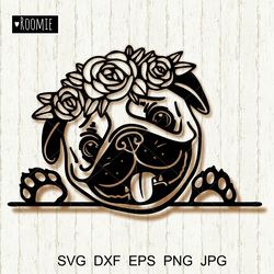 Pug Dog with flowers svg, Cute Pug svg, Paw Puppy Pup Pet Clipart Vector Cutfile Cricut Silhouette Vinyl Sublimation #20