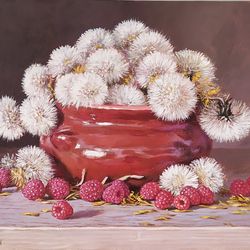 dandelions painting original still life wildflowers artwork rustic wall art farmhouse painting 10x12 inches