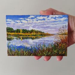 lake painting mini oil painting landscape original art lake artwork tiny canvas miniature paintings small wall art 4x6 i