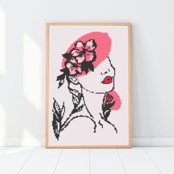 cross stitch pattern girl with flowers. cross stitch pdf pattern. digital pdf.cross stitch pattern flowers
