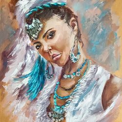 boho woman painting portrait original art impasto oil painting woman in turban art