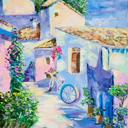Greece Painting Cityscape Original Oil Painting Bicycle Art Impasto Painting