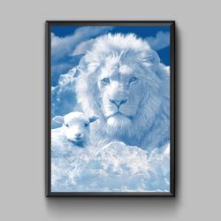 Lion and lamb in the clouds, religious poster, digital download