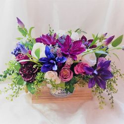 Silk Floral Arrangement, Clematises and Roses centerpiece, Country style table décor, Farmhouse flower arrangement