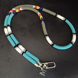 Turquoise striped lanyard beaded for card holder, personalized men's lanyard for initial letter, teacher appreciation