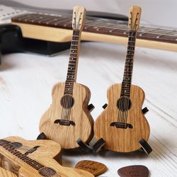 Wooden acoustic guitar pick box with stand, personalized guitar pick holder, custom guitar pick case for gift