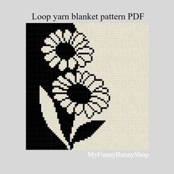 Loop yarn Finger knitted Chamomile flowers  blanket pattern PDF Download