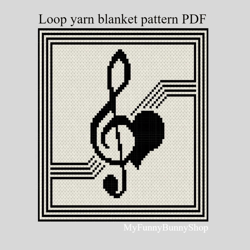 Loop yarn Finger knitted I LOVE MUSIC blanket pattern PDF Download
