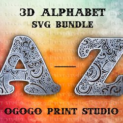 3d alphabet svg bundle - layered mandala cut files - 3 layer