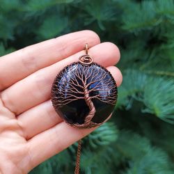 celtic black agate tree of life talisman pendant, viking yggdrasil world tree amulet necklace, scandinavian mythology