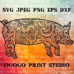 Mandala style Pig Svg, Farm animal, Zentangle SVG, Boho svg,
