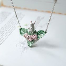 Ceramic rabbit and roses necklace Bunny lover gift Cute rose pendant Ceramic animal necklace Whimsical ceramic jewelry