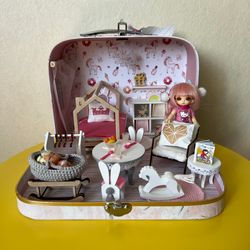 Dollhouse furniture in suitcase, personalized gift for girls, doll house miniature, gift box, portable doll house, mice