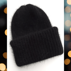 Black angora hat with double cuff.