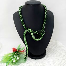 Black Green Snake Necklace Crochet Thin Flexible Rope Modern Beaded Jewelery Snake Lariat Geometric Print Snake