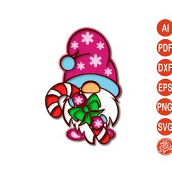 layered christmas gnome mandala with christmas candy cane svg, merry christmas 3 d paper or laser cut file wall art,