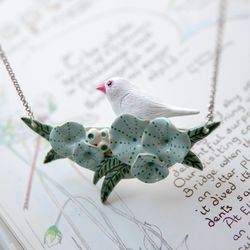 Java sparrow and lotus necklace Cute rice sparrow bird pendant Bird lover gift Whimsical ceramics Bird lady jewelry