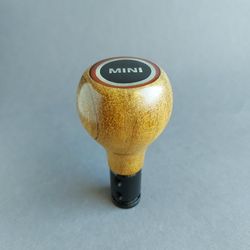Mini cooper wooden custom shift knob with logo and resin. Gear shifter as a gift accessory for a car lover