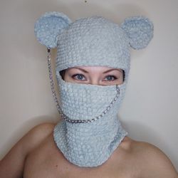 Fluffy bear balaclava Gray balaclava with bear ears crochet Full face mask hand knit for women