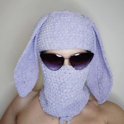 Lilac bunny balaclava Hand knit balaclava with rabbit ear Trendy balaclava for teens Pastel purple full face mask